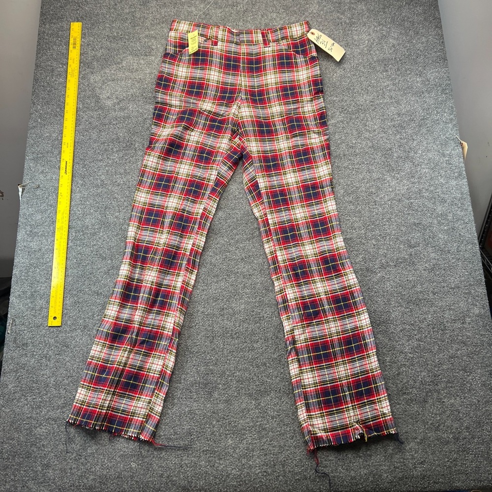 Vtg Seven Seas Slacks Bell-Bottom Pants Mens 34x36 Red Tartan Plaid Frayed Hem